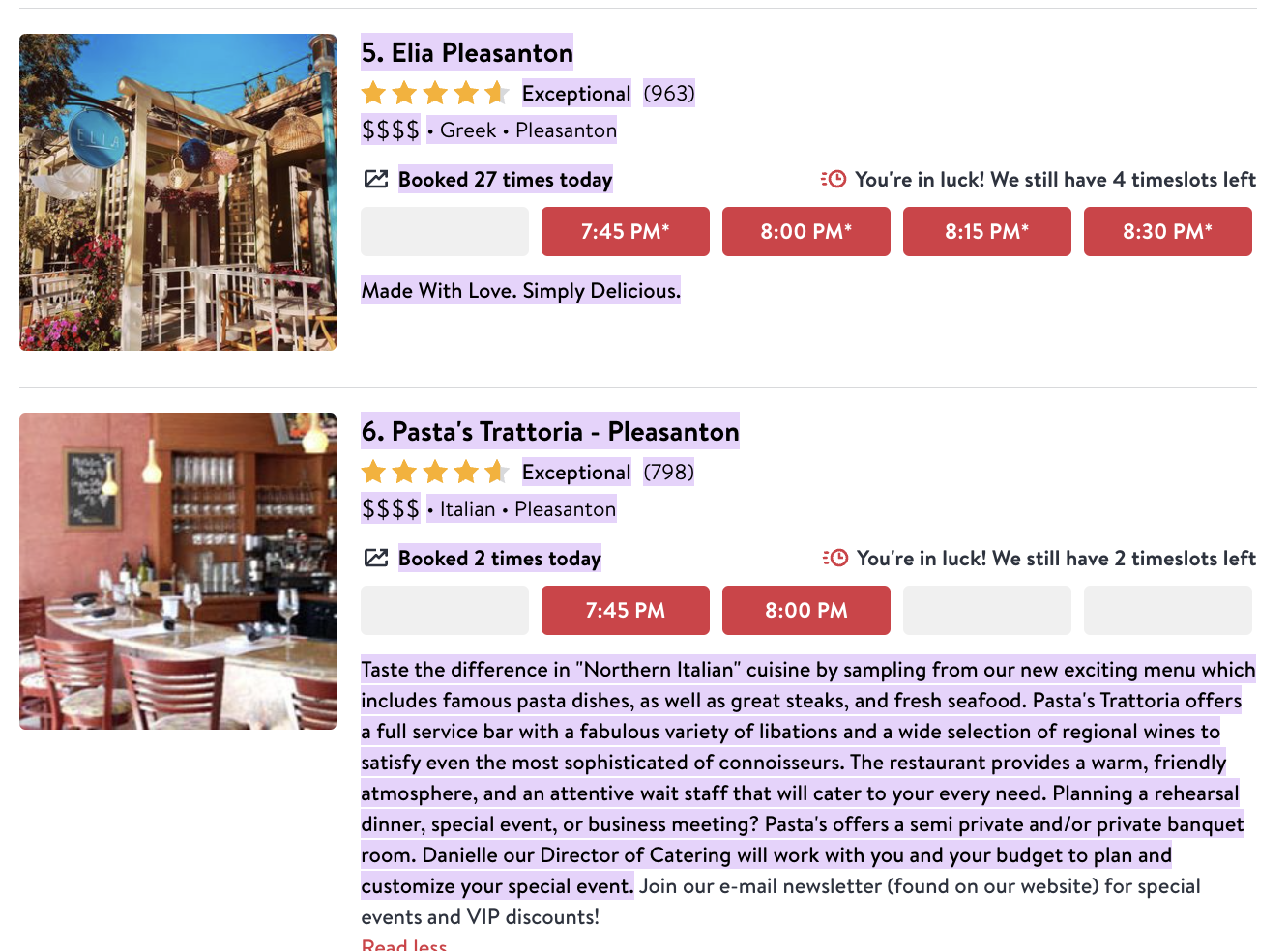 OpenTable Best Restaurants in Pleasanton Text Fragments Used by Google AI Overviews